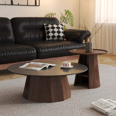 Hompkin Walnut High-Low Round Coffee Table Set with Sintered Stone Top