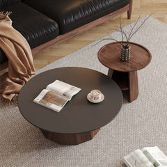 Hompkin Walnut High-Low Round Coffee Table Set with Sintered Stone Top