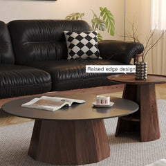 Hompkin Walnut High-Low Round Coffee Table Set with Sintered Stone Top