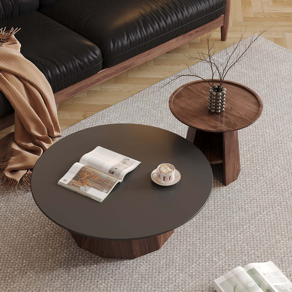 Hompkin Walnut High-Low Round Coffee Table Set with Sintered Stone Top