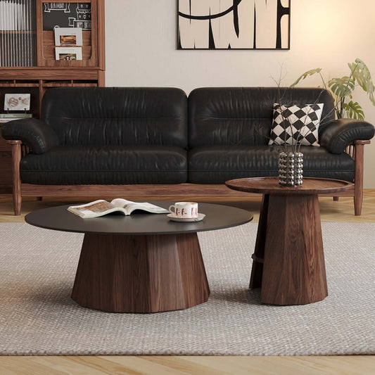 Hompkin Walnut High-Low Round Coffee Table Set with Sintered Stone Top Main Product Image