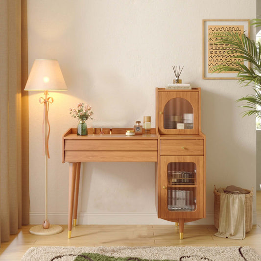 Hompkin Wooden Dressing Table with Adjustable Glass-Door Side Cabinet