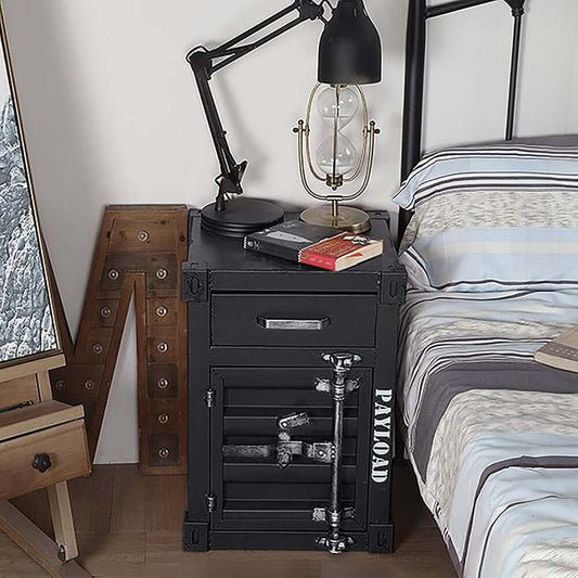 Industrial Black Steel Nightstand With Door & Drawer