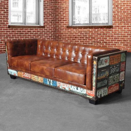 Industrial Faux Leather Sofa With Distressed Finish