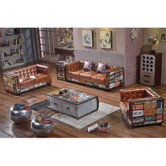 Industrial Faux Leather Sofa With Distressed Finish