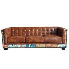 Industrial Faux Leather Sofa With Distressed Finish