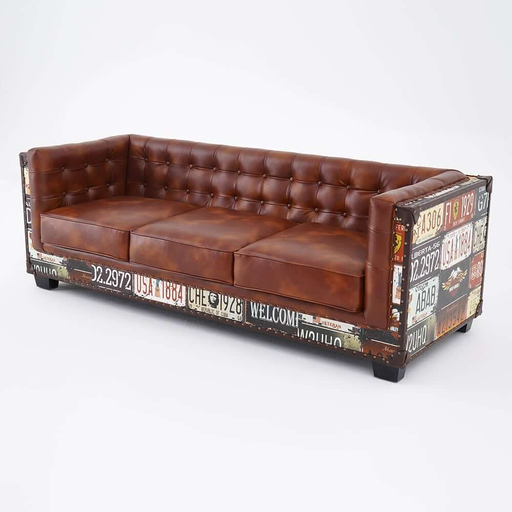 Industrial Faux Leather Sofa With Distressed Finish