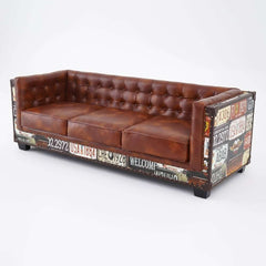 Industrial Faux Leather Sofa With Distressed Finish