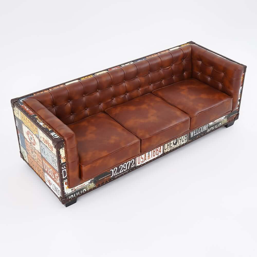 Industrial Faux Leather Sofa With Distressed Finish