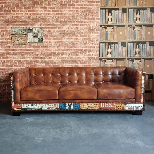 Industrial Faux Leather Sofa With Distressed Finish Main Product Image