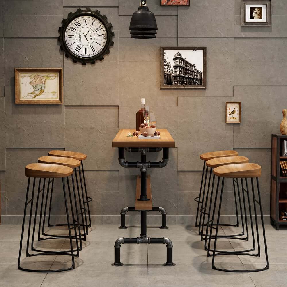 Industrial Pine Wood Bar Table Set With Stools