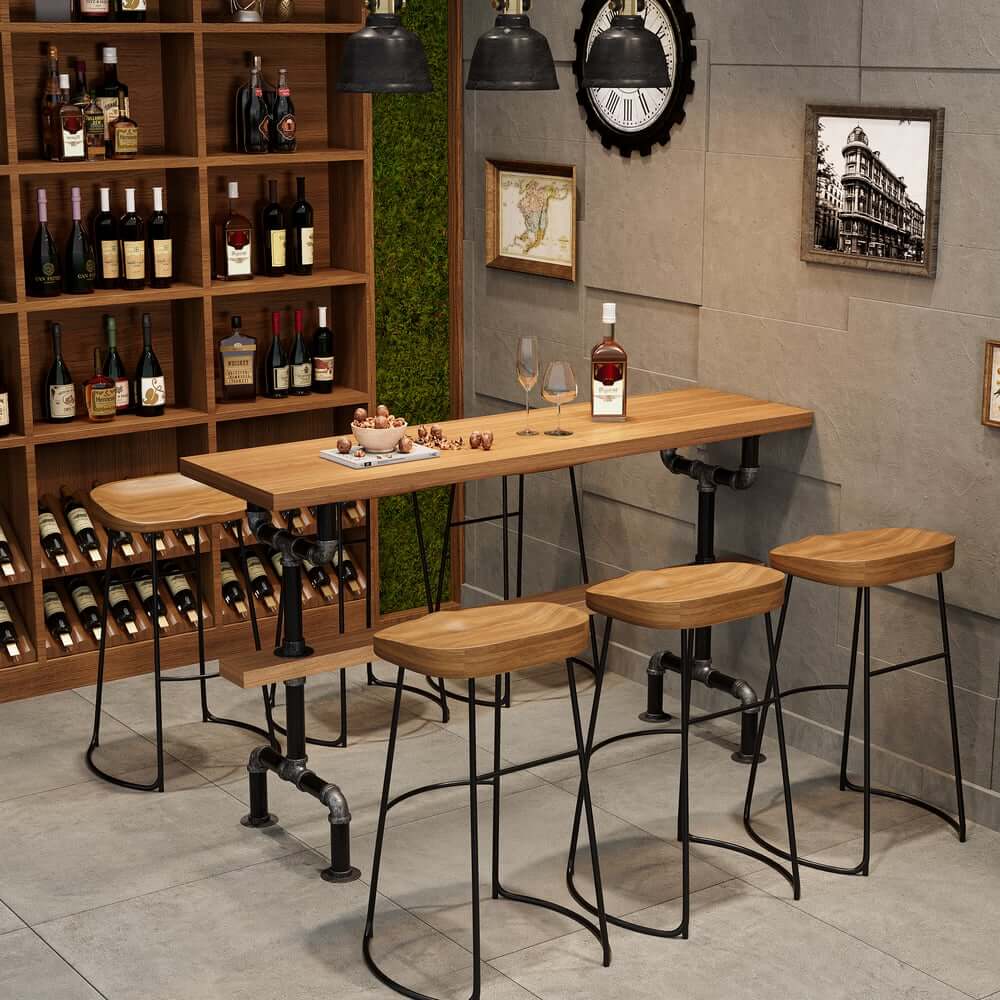 Industrial Pine Wood Bar Table Set With Stools