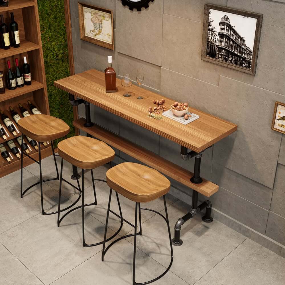 Industrial Pine Wood Bar Table Set With Stools