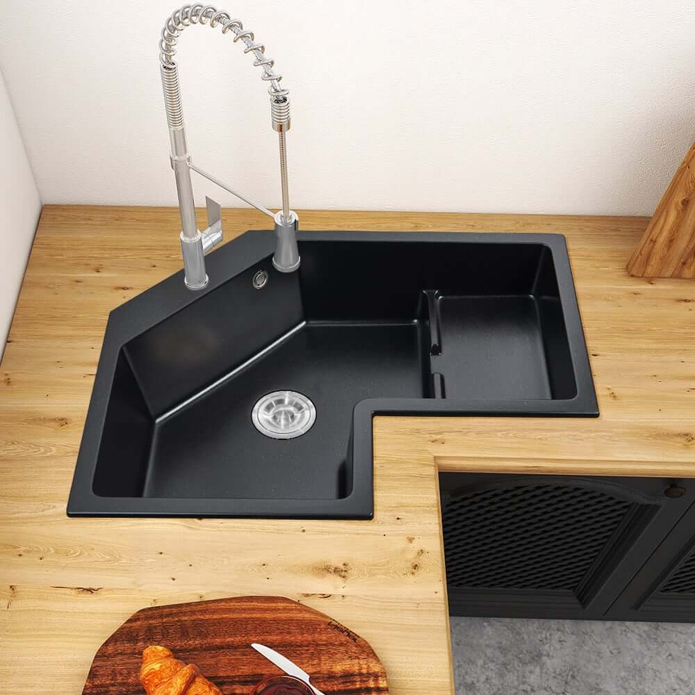 Irregular Black Quartz Drop-In Kitchen Sink - Single Bowl Design