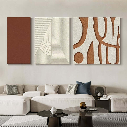 Japandi Abstract Wall Art Set in White & Brown – 3D Geometric MDF Panels