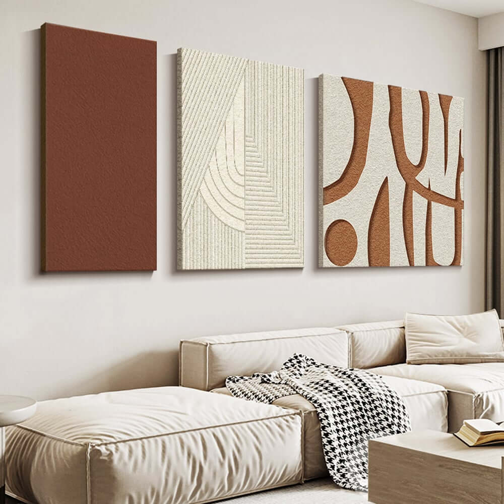 Japandi Abstract Wall Art Set in White & Brown – 3D Geometric MDF Panels