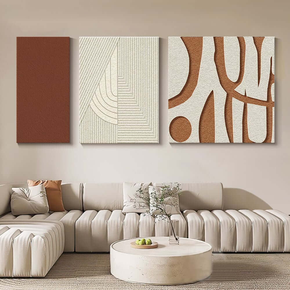 Japandi Abstract Wall Art Set in White & Brown – 3D Geometric MDF Panels Main Product Image