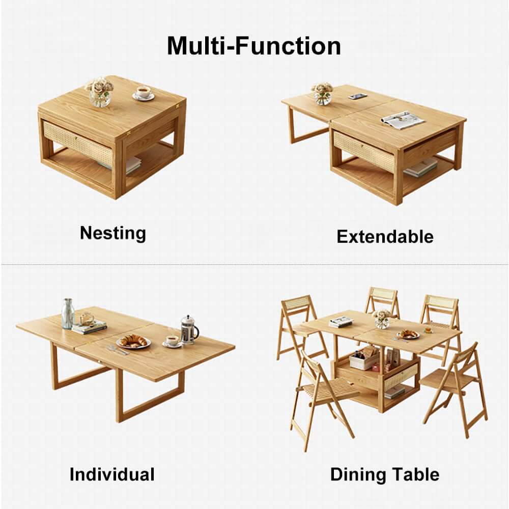 Japandi Ash Wood Folding Coffee Table Set With Drawers