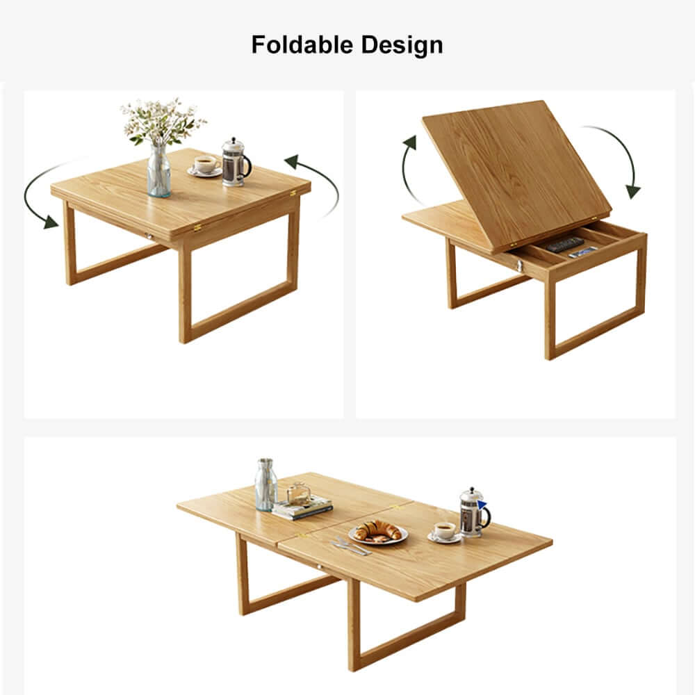 Japandi Ash Wood Folding Coffee Table Set With Drawers