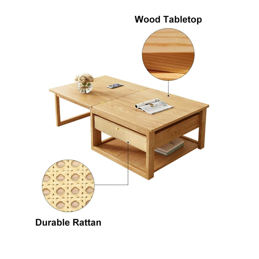 Japandi Ash Wood Folding Coffee Table Set With Drawers
