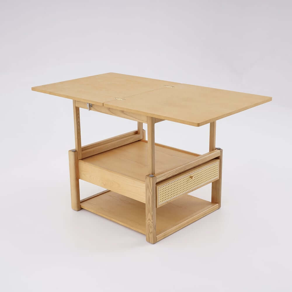 Japandi Ash Wood Folding Coffee Table Set With Drawers