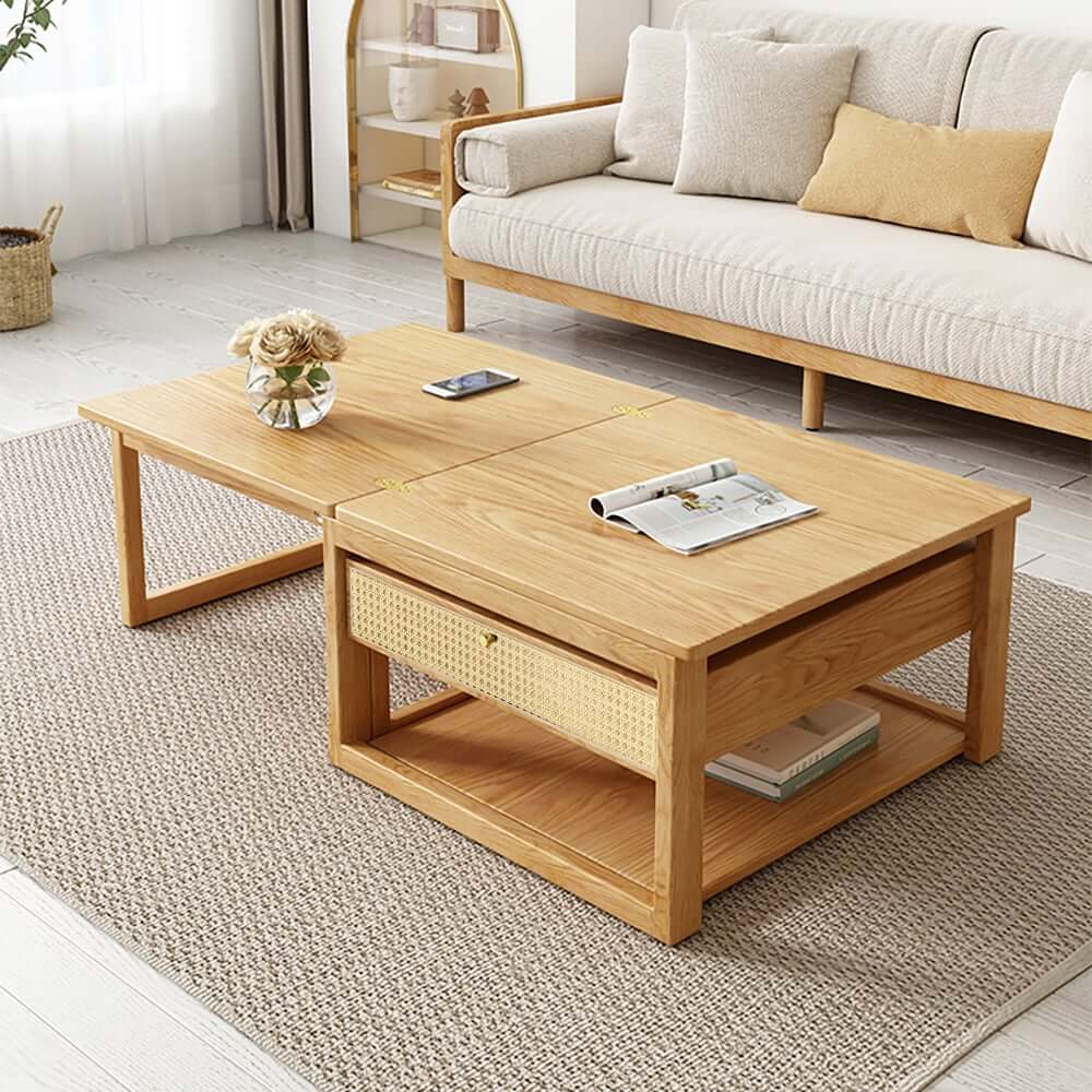 Japandi Ash Wood Folding Coffee Table Set With Drawers