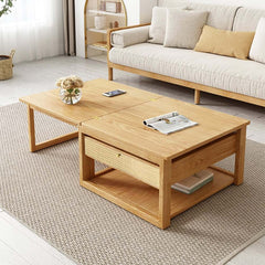 Japandi Ash Wood Folding Coffee Table Set With Drawers