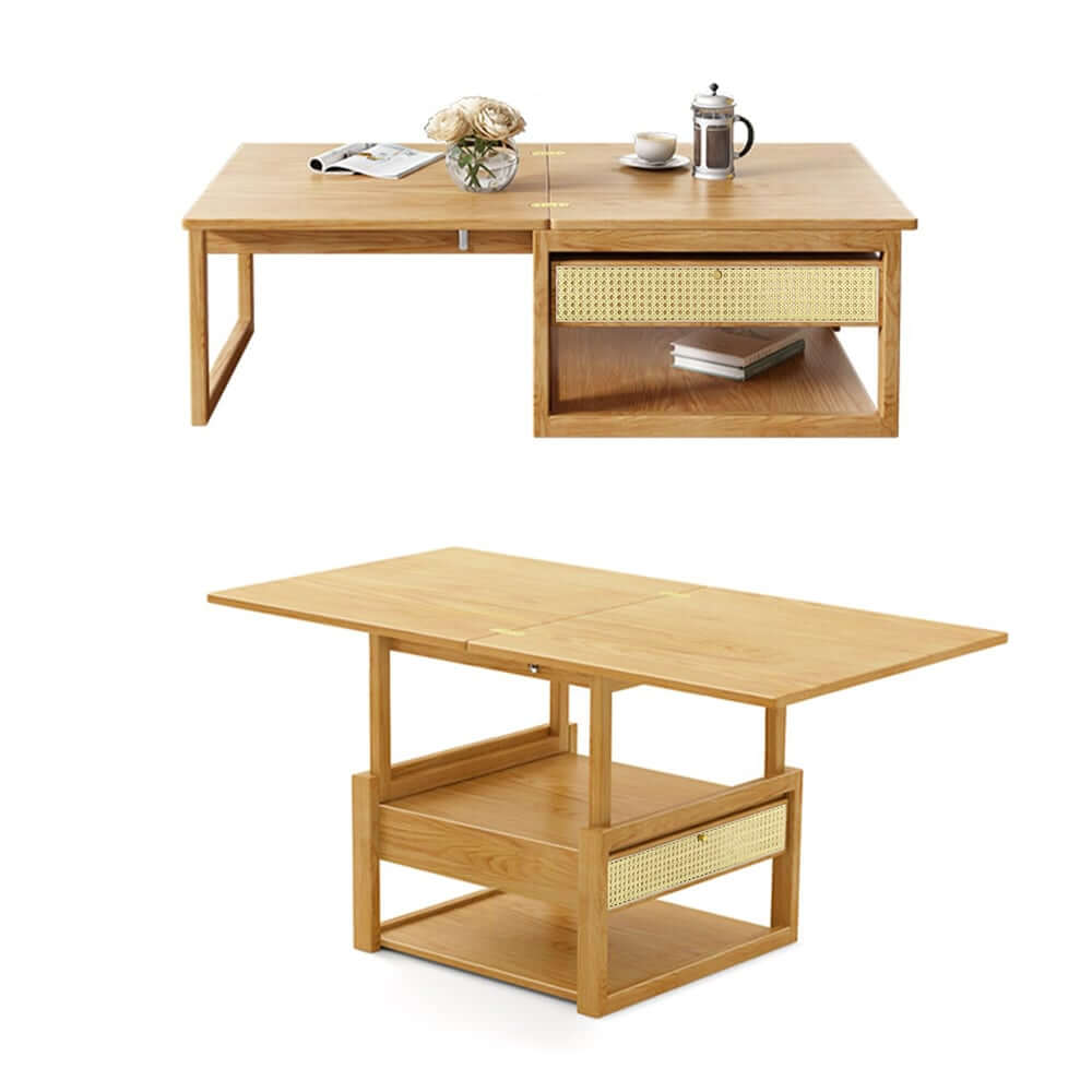 Japandi Ash Wood Folding Coffee Table Set With Drawers