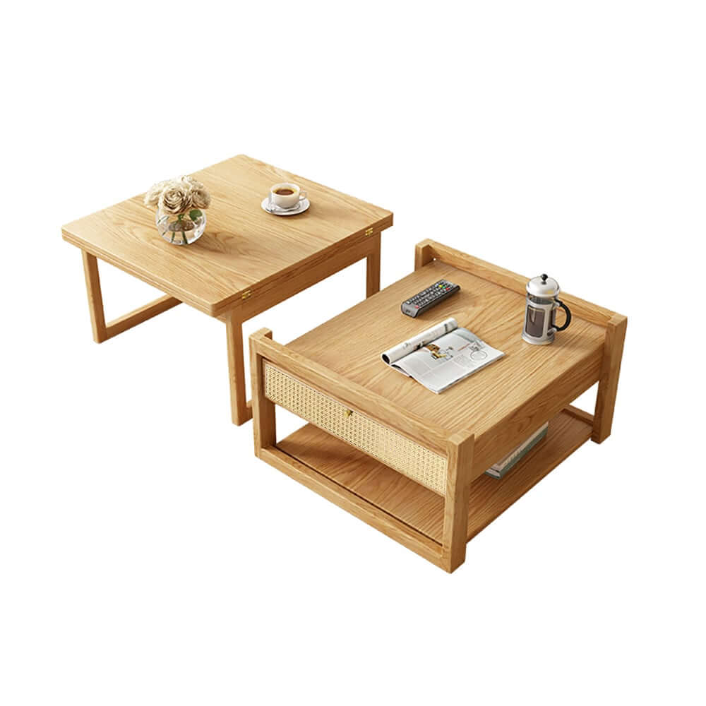Japandi Ash Wood Folding Coffee Table Set With Drawers
