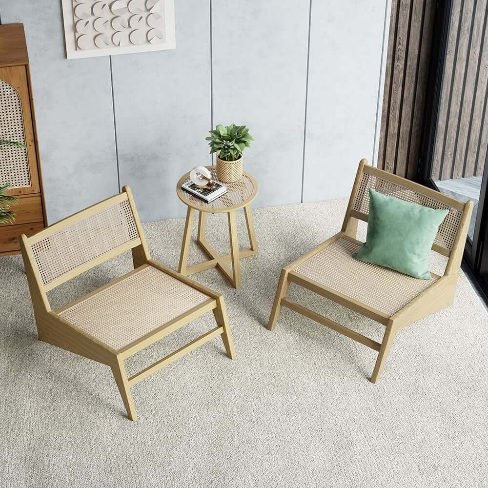 Japandi Ash Wood Lounge Chair With Rattan Back - Natural