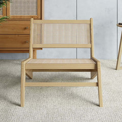 Japandi Ash Wood Lounge Chair With Rattan Back - Natural