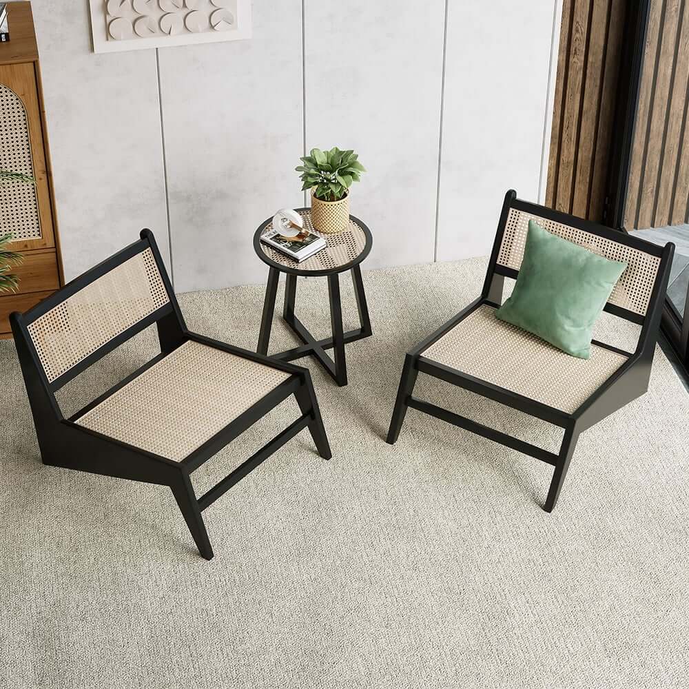 Japandi Ash Wood Lounge Chair With Rattan Back - Natural