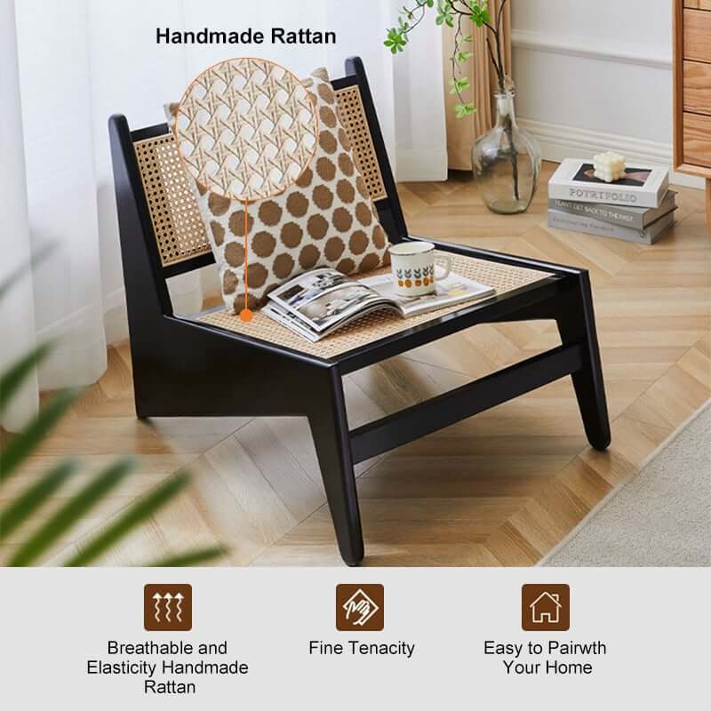 Japandi Ash Wood Lounge Chair With Rattan Back - Natural