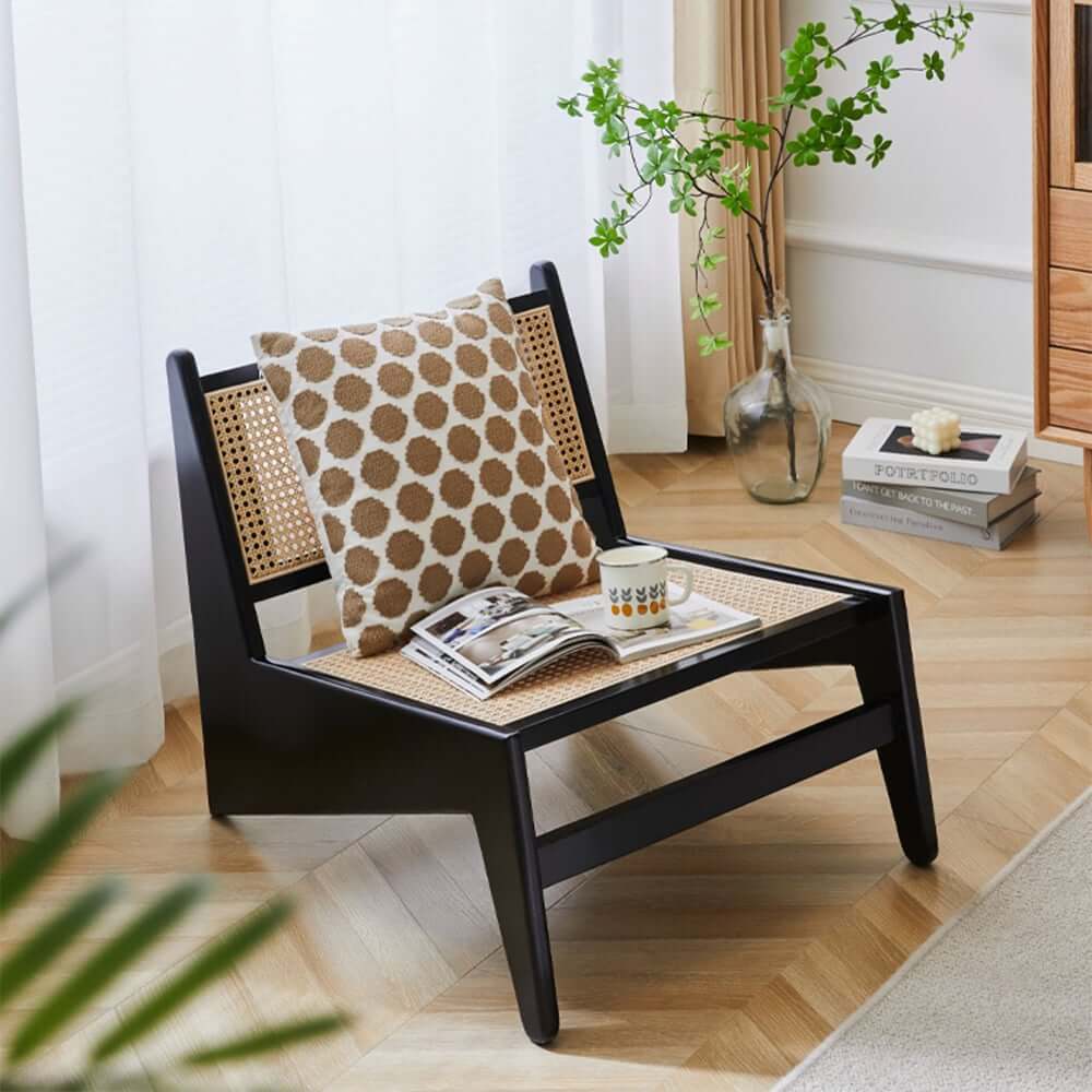 Japandi Ash Wood Lounge Chair With Rattan Back - Natural
