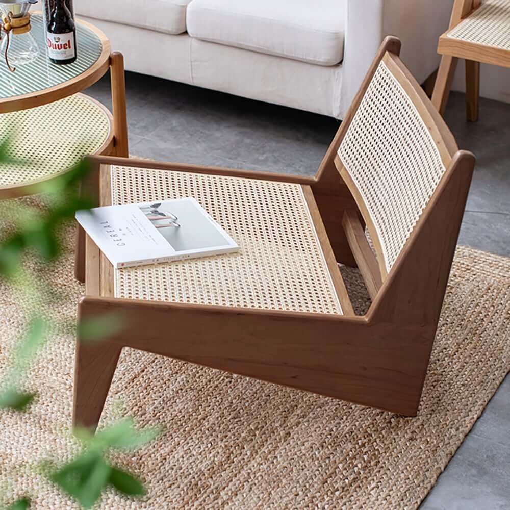 Japandi Ash Wood Lounge Chair With Rattan Back - Natural