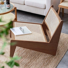 Japandi Ash Wood Lounge Chair With Rattan Back - Natural