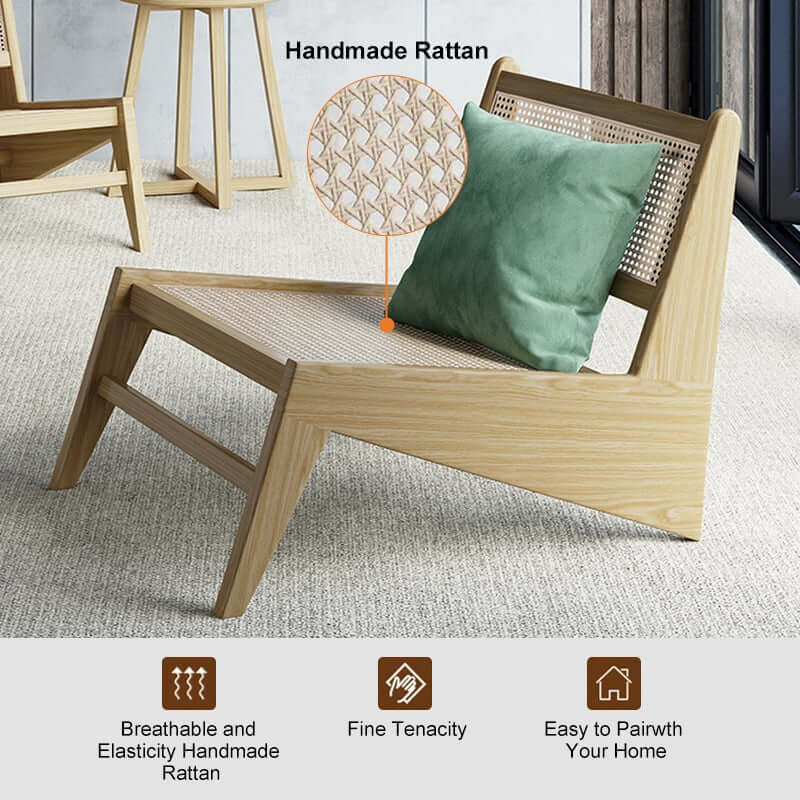 Japandi Ash Wood Lounge Chair With Rattan Back - Natural