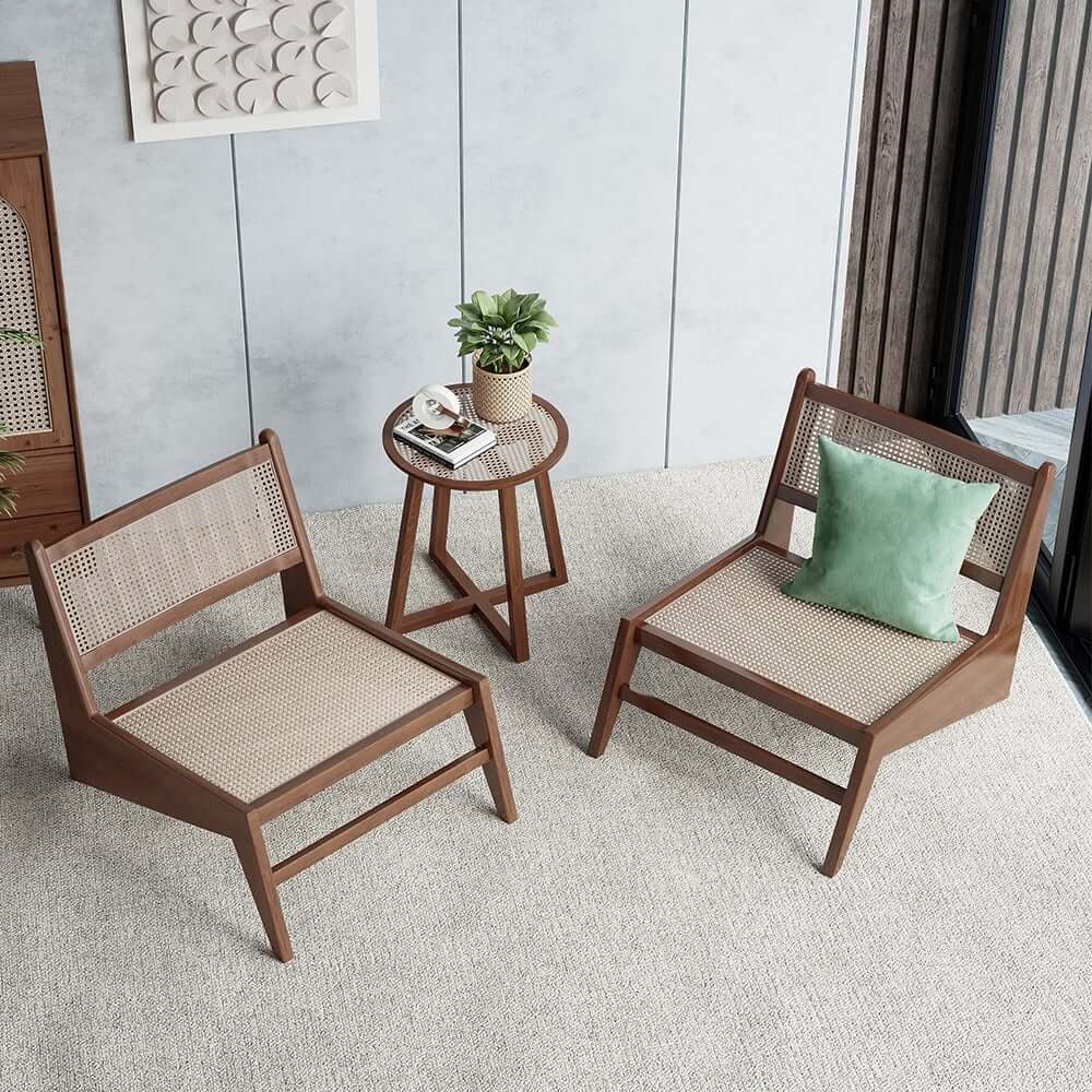 Japandi Ash Wood Lounge Chair With Rattan Back - Natural
