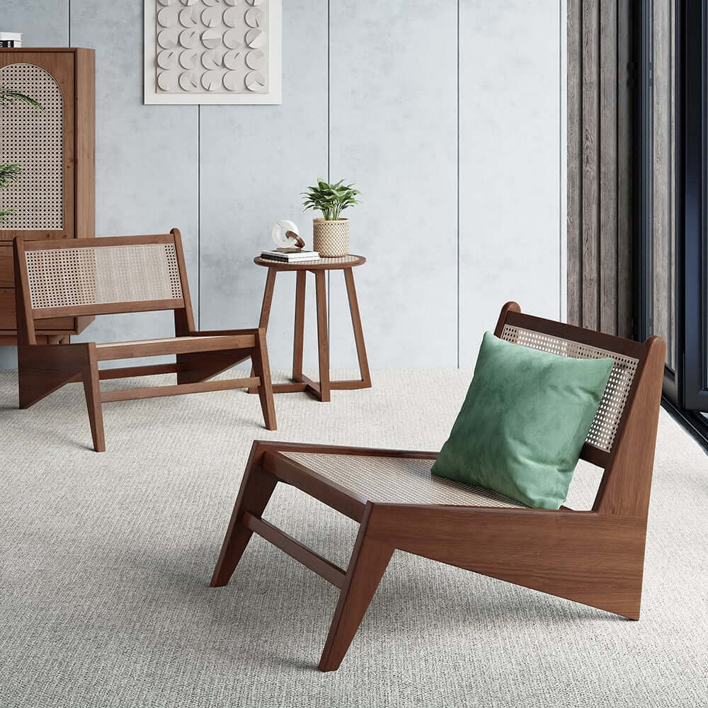 Japandi Ash Wood Lounge Chair With Rattan Back - Natural