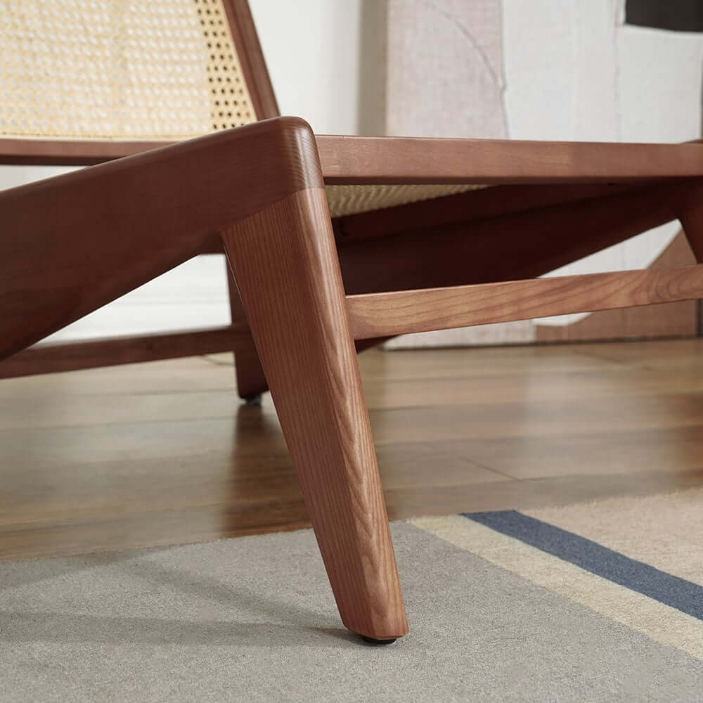 Japandi Ash Wood Lounge Chair With Rattan Back - Natural