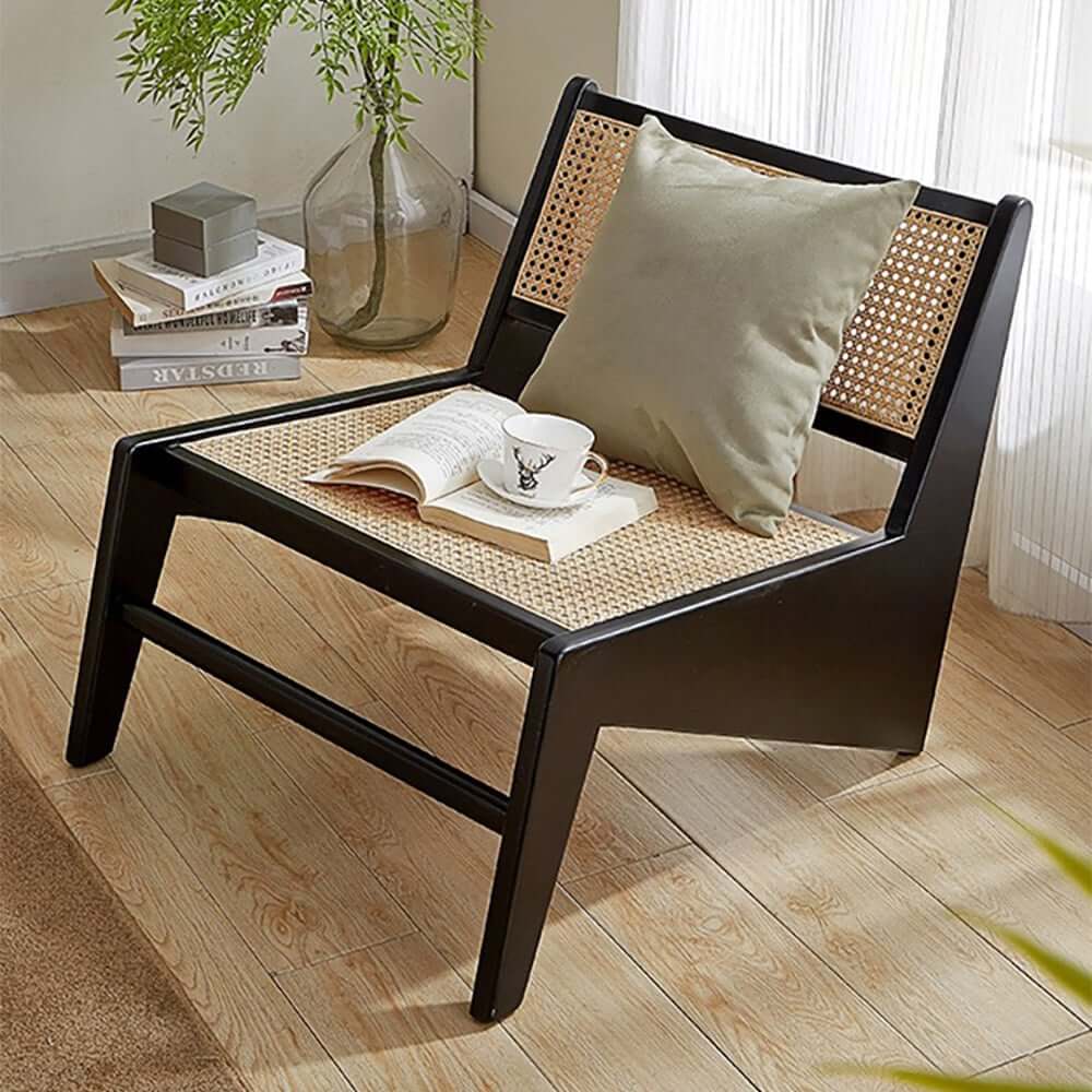 Japandi Ash Wood Lounge Chair With Rattan Back - Natural