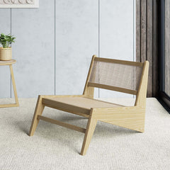 Japandi Ash Wood Lounge Chair With Rattan Back - Natural