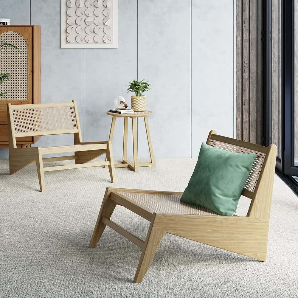 Japandi Ash Wood Lounge Chair With Rattan Back - Natural