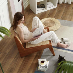 Japandi Ash Wood Lounge Chair With Rattan Back - Natural