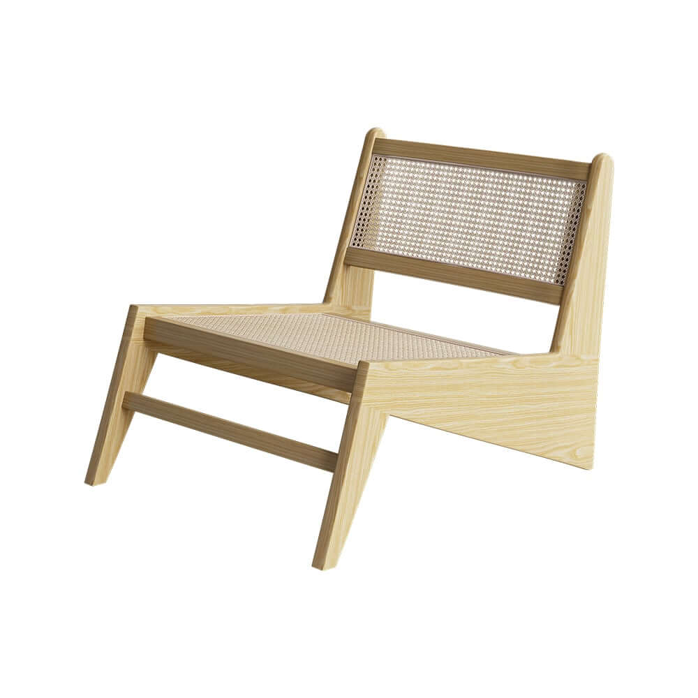 Japandi Ash Wood Lounge Chair With Rattan Back - Natural
