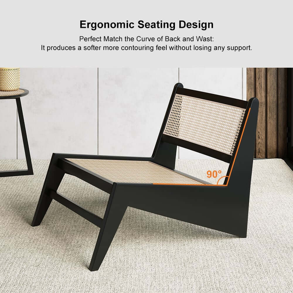 Japandi Ash Wood Lounge Chair With Rattan Back - Natural