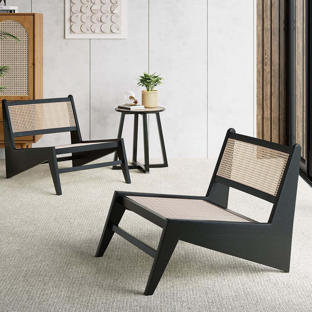 Japandi Ash Wood Lounge Chair With Rattan Back - Natural