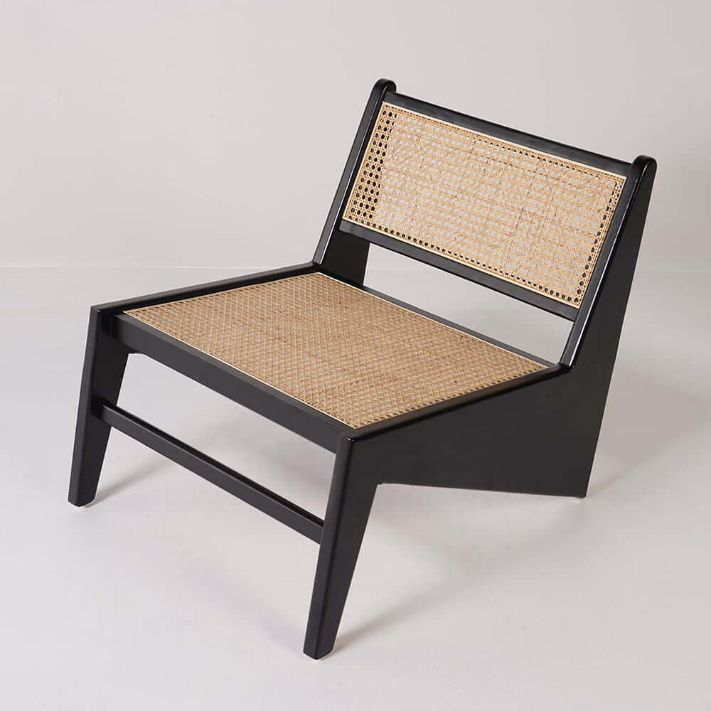Japandi Ash Wood Lounge Chair With Rattan Back - Natural