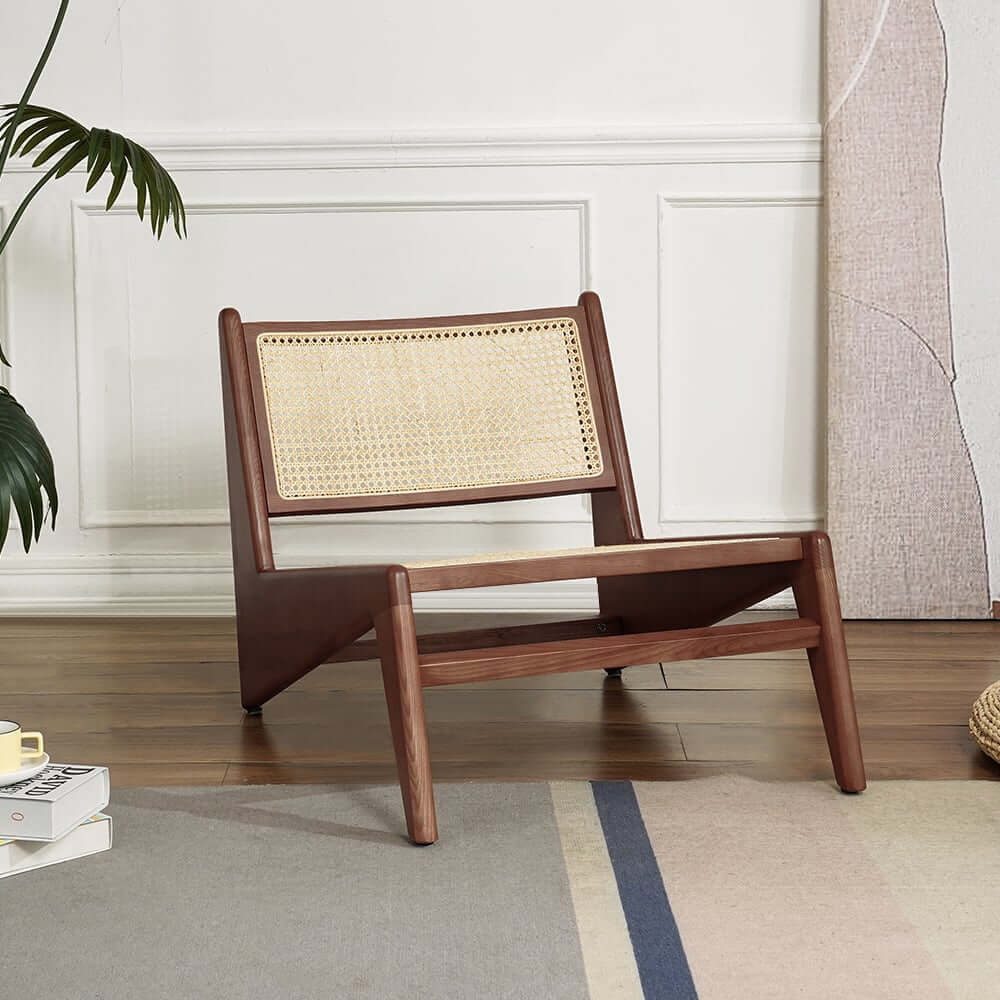 Japandi Ash Wood Lounge Chair With Rattan Back - Natural
