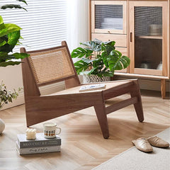 Japandi Ash Wood Lounge Chair With Rattan Back - Natural